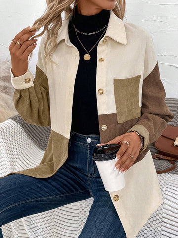 LUNE Women's Casual Contrast Color Button Front Pocket Long Sleeve Shirt, Autumn LUNE Women's Casual Contrast Color Button Front Pocket Long Sleeve Shirt, Autumn