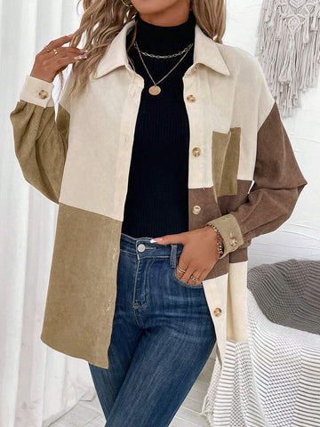 LUNE Women's Casual Contrast Color Button Front Pocket Long Sleeve Shirt, Autumn LUNE Women's Casual Contrast Color Button Front Pocket Long Sleeve Shirt, Autumn