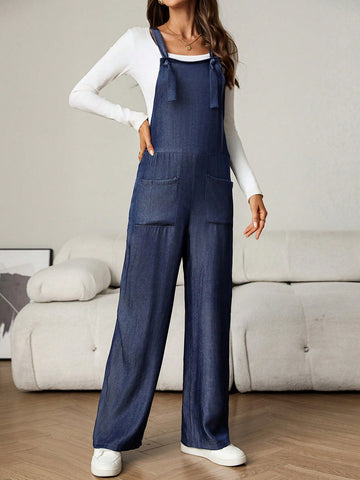 Women's Casual Jumpsuit With Wide Straps & Pockets, Simple Design For Everyday Wear Women's Casual Jumpsuit With Wide Straps & Pockets, Simple Design For Everyday Wear