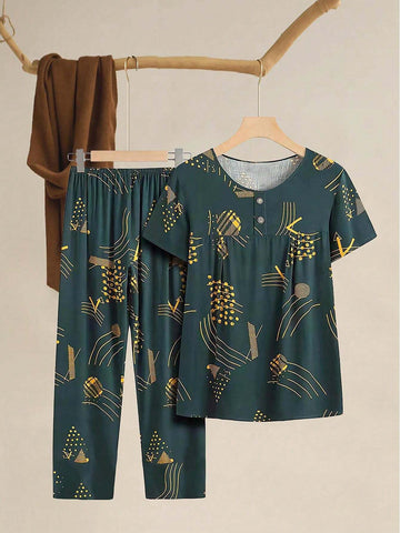 Women's Casual Short Sleeve Round Neck Button Decor Hem Pleat Ruffle Flared Pants Gold Pattern 2-Piece Set Women's Casual Short Sleeve Round Neck Button Decor Hem Pleat Ruffle Flared Pants Gold Pattern 2-Piece Set