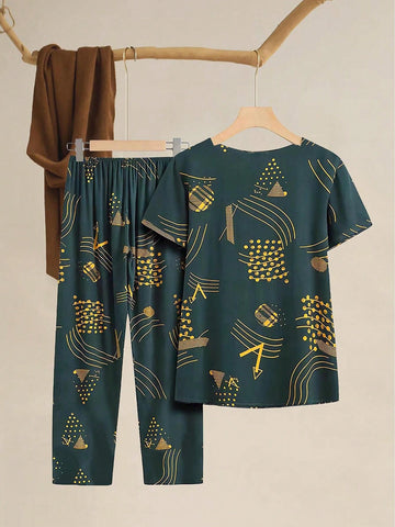 Women's Casual Short Sleeve Round Neck Button Decor Hem Pleat Ruffle Flared Pants Gold Pattern 2-Piece Set Women's Casual Short Sleeve Round Neck Button Decor Hem Pleat Ruffle Flared Pants Gold Pattern 2-Piece Set