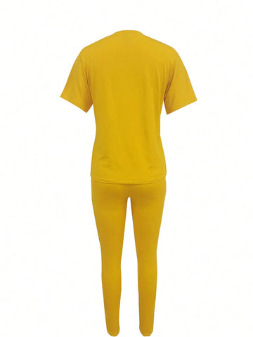 Women's Casual Solid Color T-Shirt And Long Pants Set Women's Casual Solid Color T-Shirt And Long Pants Set