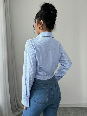 LUNE Women's Casual Striped Cropped Ruched Long Sleeve Shirt, LUNE Women's Casual Striped Cropped Ruched Long Sleeve Shirt,