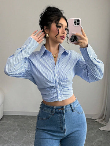 LUNE Women's Casual Striped Cropped Ruched Long Sleeve Shirt, LUNE Women's Casual Striped Cropped Ruched Long Sleeve Shirt,