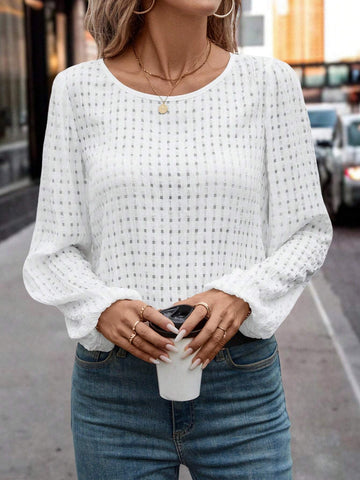 LUNE Women's Check Textured Casual/Office Puff Sleeve Top Shirt LUNE Women's Check Textured Casual/Office Puff Sleeve Top Shirt