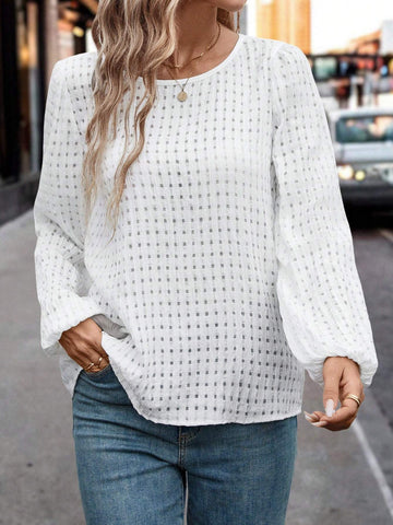 LUNE Women's Check Textured Casual/Office Puff Sleeve Top Shirt LUNE Women's Check Textured Casual/Office Puff Sleeve Top Shirt