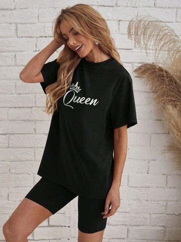 Women's Crown & Letter Black Loose Short Sleeve T-Shirt And Shorts Set, Suitable For Summer Women's Crown & Letter Black Loose Short Sleeve T-Shirt And Shorts Set, Suitable For Summer