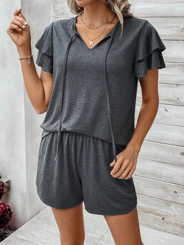 Womens' Double Layer Ruffle Sleeve Top And Shorts Set Womens' Double Layer Ruffle Sleeve Top And Shorts Set