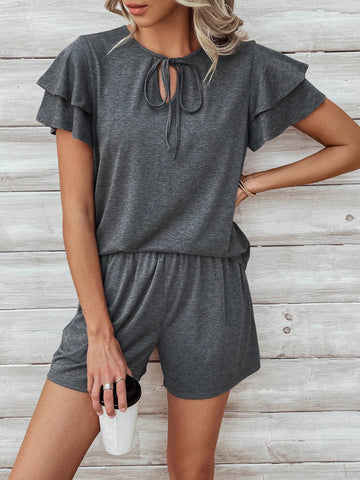 Womens' Double Layer Ruffle Sleeve Top And Shorts Set Womens' Double Layer Ruffle Sleeve Top And Shorts Set