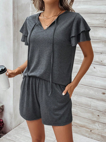 Womens' Double Layer Ruffle Sleeve Top And Shorts Set Womens' Double Layer Ruffle Sleeve Top And Shorts Set