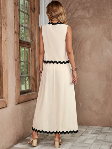 Women's Fashionable Color Block Sleeveless Top & Skirt Set With Wavy Hemline Women's Fashionable Color Block Sleeveless Top & Skirt Set With Wavy Hemline