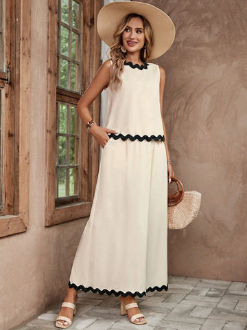 Women's Fashionable Color Block Sleeveless Top & Skirt Set With Wavy Hemline Women's Fashionable Color Block Sleeveless Top & Skirt Set With Wavy Hemline