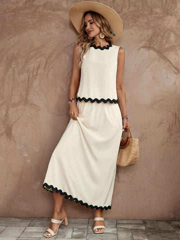 Women's Fashionable Color Block Sleeveless Top & Skirt Set With Wavy Hemline Women's Fashionable Color Block Sleeveless Top & Skirt Set With Wavy Hemline