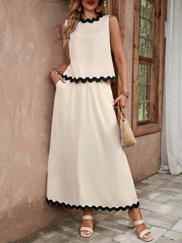 Women's Fashionable Color Block Sleeveless Top & Skirt Set With Wavy Hemline Women's Fashionable Color Block Sleeveless Top & Skirt Set With Wavy Hemline