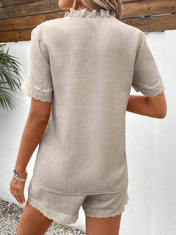 Women's Frill Hem Detail Short Sleeve Shirt And Shorts Set Women's Frill Hem Detail Short Sleeve Shirt And Shorts Set
