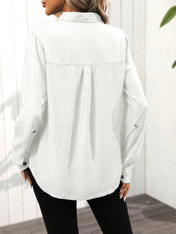 LUNE Women's Front Button Collar Long Sleeve Pocket Casual Blouse LUNE Women's Front Button Collar Long Sleeve Pocket Casual Blouse