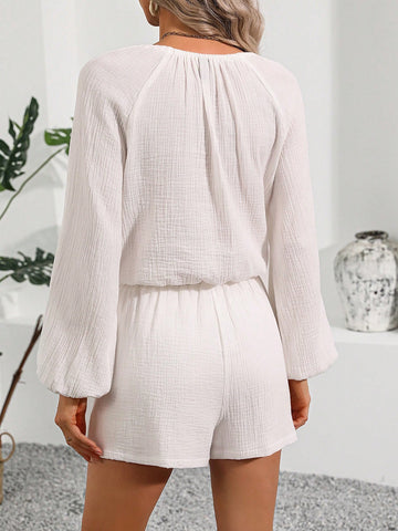 Women's Lantern Sleeve Button-Front Top And Shorts Set Women's Lantern Sleeve Button-Front Top And Shorts Set