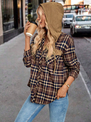 LUNE Women's Retro Plaid Patchwork Suede Loose Hoodie Shirt LUNE Women's Retro Plaid Patchwork Suede Loose Hoodie Shirt