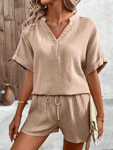 Women's Solid Color Loose Fit Casual 2-Piece Set Conjunto Short Summer Sets Women's Solid Color Loose Fit Casual 2-Piece Set Conjunto Short Summer Sets