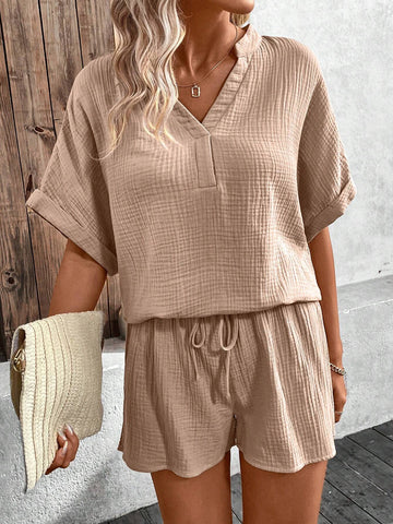 Women's Solid Color Loose Fit Casual 2-Piece Set Conjunto Short Summer Sets Women's Solid Color Loose Fit Casual 2-Piece Set Conjunto Short Summer Sets