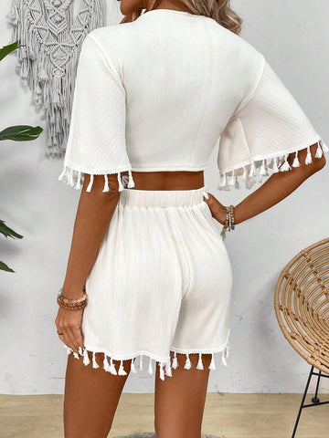 Women's Solid Knotted Fringe Cuff Crop Top And Shorts Set Women's Solid Knotted Fringe Cuff Crop Top And Shorts Set