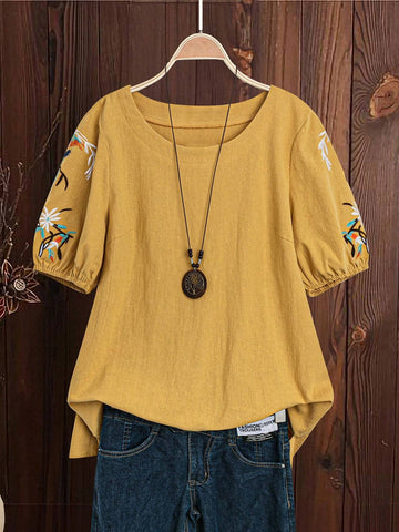 LUNE Women's Summer Floral Printed Round Neck Short Puff Sleeve Casual Casual Shirt LUNE Women's Summer Floral Printed Round Neck Short Puff Sleeve Casual Casual Shirt