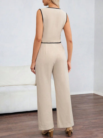 Women's V-Neck Single-Breasted Vest And Pants Casual 2 Piece Set Women's V-Neck Single-Breasted Vest And Pants Casual 2 Piece Set
