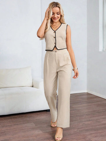 Women's V-Neck Single-Breasted Vest And Pants Casual 2 Piece Set Women's V-Neck Single-Breasted Vest And Pants Casual 2 Piece Set