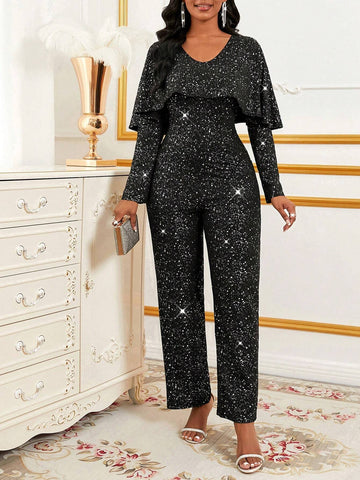 Women's V-Neck Long Sleeve Simple Casual Long Jumpsuit, Elegant Women's V-Neck Long Sleeve Simple Casual Long Jumpsuit, Elegant