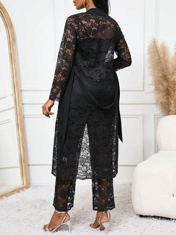 Black Lace Open-Front Long Jacket With Waist Belt & Lace Wide-Leg Pants Set Black Lace Open-Front Long Jacket With Waist Belt & Lace Wide-Leg Pants Set