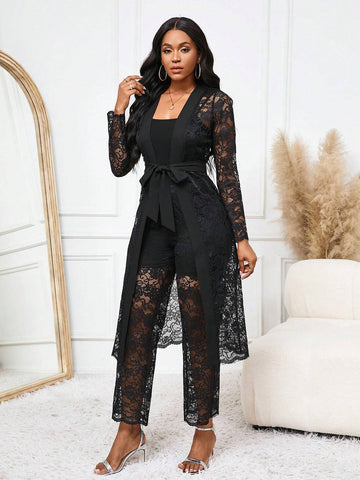Black Lace Open-Front Long Jacket With Waist Belt & Lace Wide-Leg Pants Set Black Lace Open-Front Long Jacket With Waist Belt & Lace Wide-Leg Pants Set