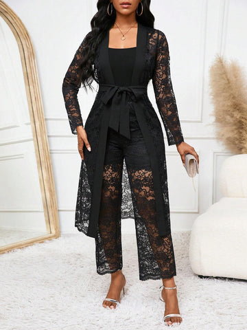 Black Lace Open-Front Long Jacket With Waist Belt & Lace Wide-Leg Pants Set Black Lace Open-Front Long Jacket With Waist Belt & Lace Wide-Leg Pants Set