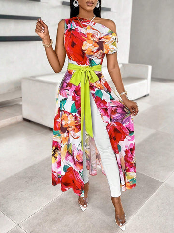 Lady Floral Print Asymmetric Neckline Blouse With Split Hem And Tie-Front (Random Floral Print) Lady Floral Print Asymmetric Neckline Blouse With Split Hem And Tie-Front (Random Floral Print)