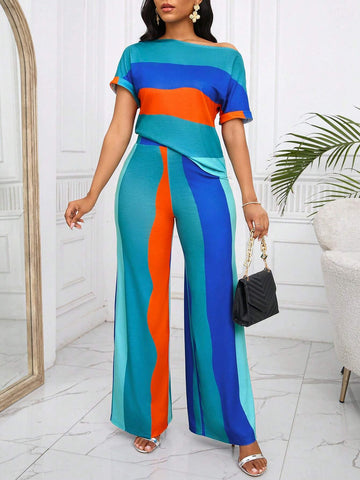 Rainbow Striped Open Shoulder Short Sleeve Top And Pants Set, Daily Casual Wear Rainbow Striped Open Shoulder Short Sleeve Top And Pants Set, Daily Casual Wear
