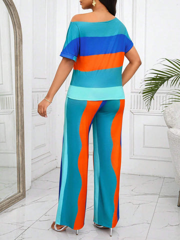 Rainbow Striped Open Shoulder Short Sleeve Top And Pants Set, Daily Casual Wear Rainbow Striped Open Shoulder Short Sleeve Top And Pants Set, Daily Casual Wear