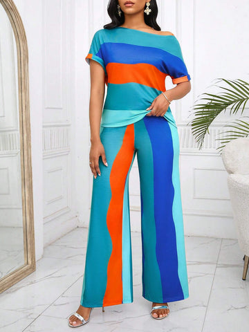 Rainbow Striped Open Shoulder Short Sleeve Top And Pants Set, Daily Casual Wear Rainbow Striped Open Shoulder Short Sleeve Top And Pants Set, Daily Casual Wear