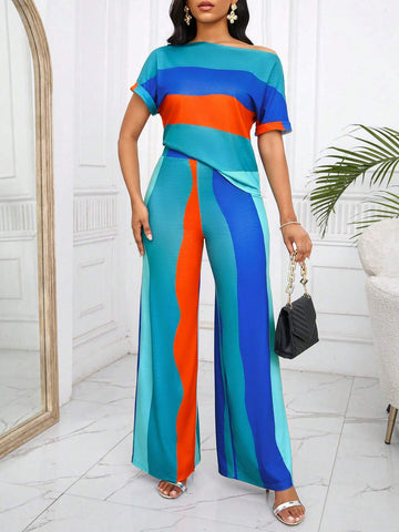 Rainbow Striped Open Shoulder Short Sleeve Top And Pants Set, Daily Casual Wear Rainbow Striped Open Shoulder Short Sleeve Top And Pants Set, Daily Casual Wear
