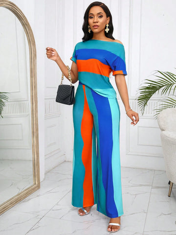 Rainbow Striped Open Shoulder Short Sleeve Top And Pants Set, Daily Casual Wear Rainbow Striped Open Shoulder Short Sleeve Top And Pants Set, Daily Casual Wear
