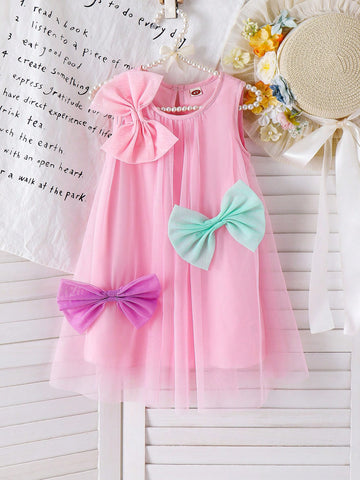 Little Girls Candy Color Mesh Bow Decor Princess Dress, Sweet And Cute Summer Outfit Little Girls Candy Color Mesh Bow Decor Princess Dress, Sweet And Cute Summer Outfit