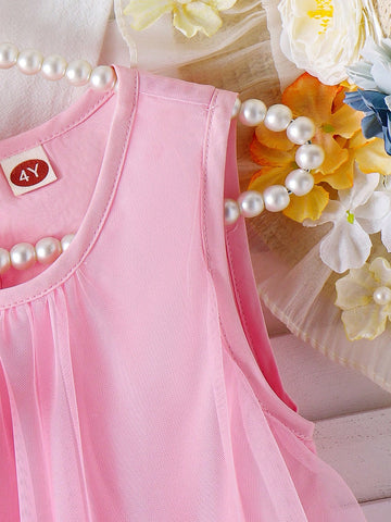 Little Girls Candy Color Mesh Bow Decor Princess Dress, Sweet And Cute Summer Outfit Little Girls Candy Color Mesh Bow Decor Princess Dress, Sweet And Cute Summer Outfit