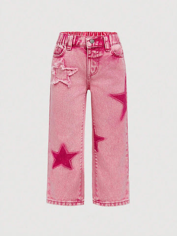Little Girls' Cotton Denim Jeans, Star Printed, Outdoor Leisure Fashion, Water Washed Little Girls' Cotton Denim Jeans, Star Printed, Outdoor Leisure Fashion, Water Washed