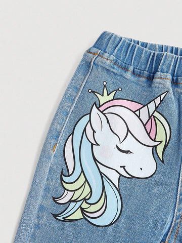 Little Girls' Fashionable, Casual, Street-Style, Outdoor, Active, Lovely Jeans With Print And Washed-Out Design Little Girls' Fashionable, Casual, Street-Style, Outdoor, Active, Lovely Jeans With Print And Washed-Out Design