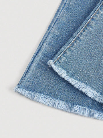 Little Girls' Fashionable, Casual, Street-Style, Outdoor, Active, Lovely Jeans With Print And Washed-Out Design Little Girls' Fashionable, Casual, Street-Style, Outdoor, Active, Lovely Jeans With Print And Washed-Out Design