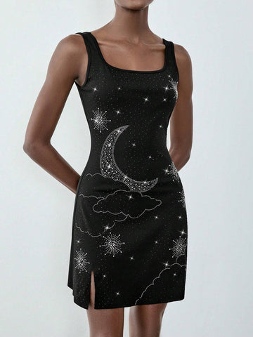 1pc Women Casual Short Dress With Graphic Shoulder Strap Detail, Minimalist Style 1pc Women Casual Short Dress With Graphic Shoulder Strap Detail, Minimalist Style