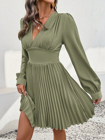 Casual/Office Solid Color Puff Sleeve Pleated Hem Dress Casual/Office Solid Color Puff Sleeve Pleated Hem Dress