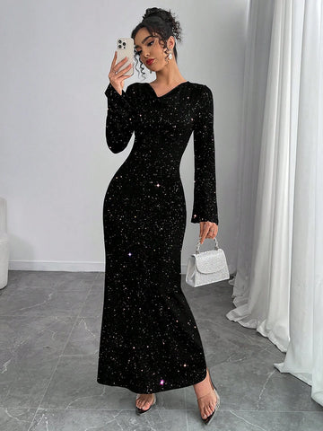 Women's Elegant Dress With Silver Foil Drape Collar Women's Elegant Dress With Silver Foil Drape Collar