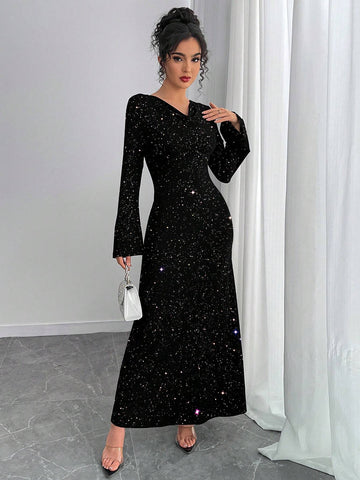 Women's Elegant Dress With Silver Foil Drape Collar Women's Elegant Dress With Silver Foil Drape Collar