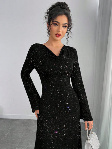 Women's Elegant Dress With Silver Foil Drape Collar Women's Elegant Dress With Silver Foil Drape Collar