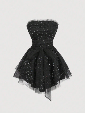 1pc Black Glitter Tube Top Mesh Patchwork Women Party Dress 1pc Black Glitter Tube Top Mesh Patchwork Women Party Dress