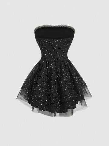 1pc Black Glitter Tube Top Mesh Patchwork Women Party Dress 1pc Black Glitter Tube Top Mesh Patchwork Women Party Dress
